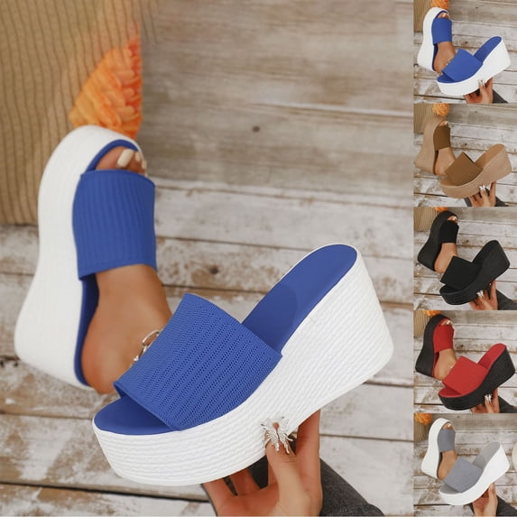 HomeDM Womens Platform Wedge Sandals Open Toe Espadrilles High Heel Slip On Summer Sandals, Blue Size 5.5