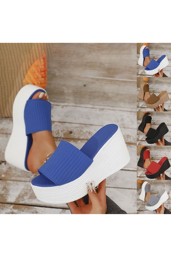Womens Platform Wedge Sandals Open Toe Espadrilles High Heel Slip On Summer Sandals, Blue Size 7
