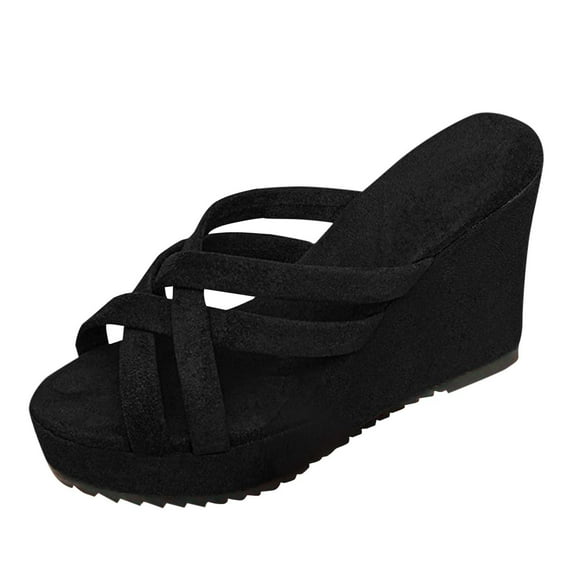 HomeDM Womens Platform Wedge Sandals Open Toe Slip On Strappy Heels Summer Slides, Black Size 7.5