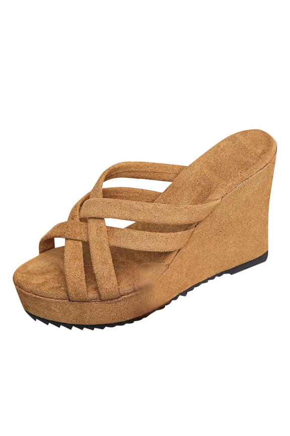 Womens Platform Wedge Sandals Open Toe Slip On Strappy Heels Summer Slides, Brown Size 7
