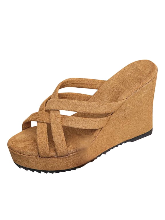 Womens Platform Wedge Sandals Open Toe Slip On Strappy Heels Summer Slides, Brown Size 7