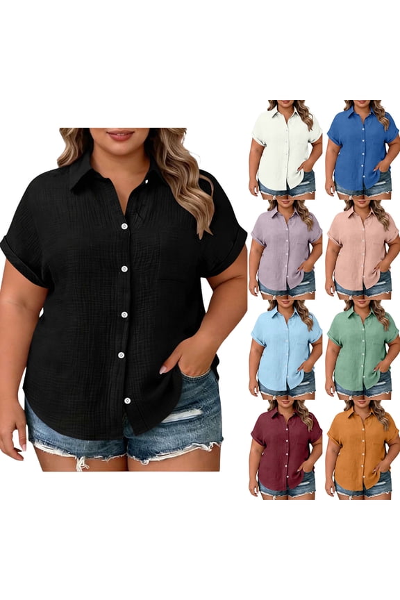 HomeDM Womens Plus Size Button Down Shirts Short Sleeve Loose Fit Collared V Neck Summer Tops - Black/L