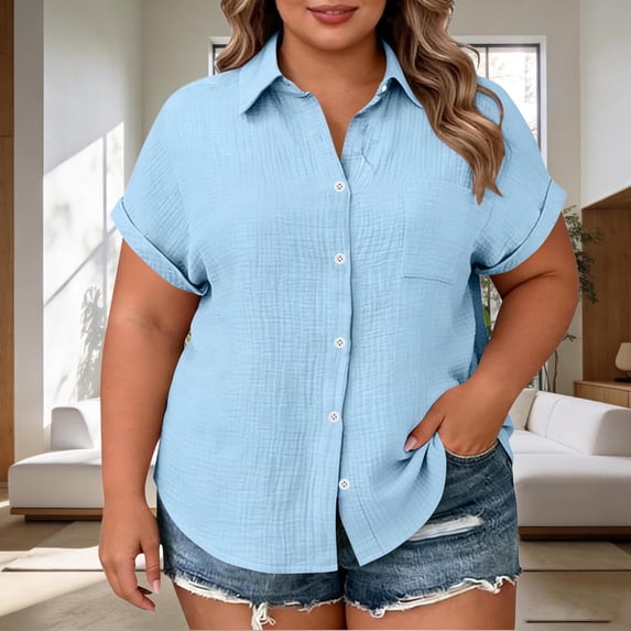 HomeDM Womens Plus Size Button Down Shirts Short Sleeve Loose Fit Collared V Neck Summer Tops - Light Blue/3XL