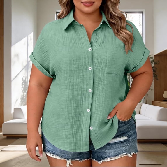 HomeDM Womens Plus Size Button Down Shirts Short Sleeve Loose Fit Collared V Neck Summer Tops - Mint Green/2XL