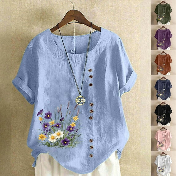 HomeDM Womens Plus Size T Shirts Short Sleeve Summer Crew Neck Dressy Loose Fit Floral Tee Tops - Light Blue/L