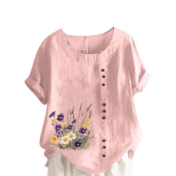 HomeDM Womens Plus Size T Shirts Short Sleeve Summer Crew Neck Dressy Loose Fit Floral Tee Tops - Pink/M