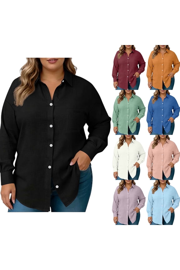 HomeDM Womens Plus Size Tops, Button Down Shirts Long Sleeve Loose Fit Collared V Neck Casual Work Business Blouses - Black/3XL
