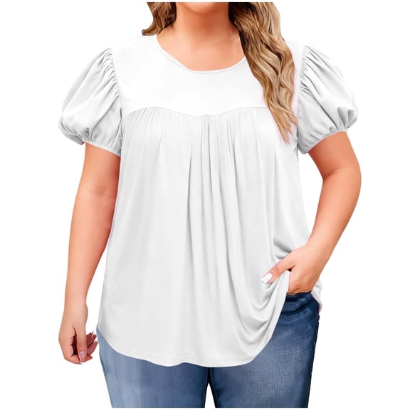 HomeDM Womens Puff Short Sleeve Summer Tops, Pleated Crew Neck T Shirts Loose Fit Casual Shirts - White/2XL