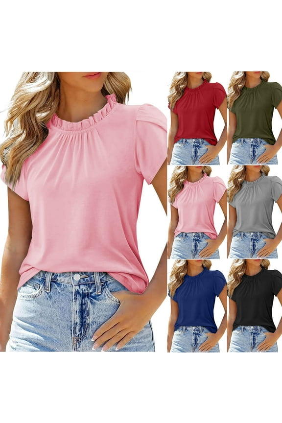 Womens Ruffle Crew Neck Dressy Tops Trendy Puff Petal Short Sleeve T-Shirts Solid Color Business Work Elegant Tops - Pink/S