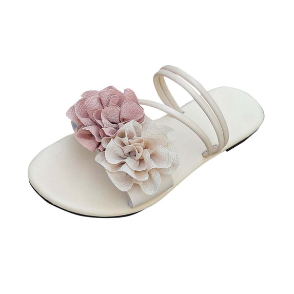 HomeDM Womens Sandals Open Toe Slip On Summer Comfortable Strappy Flats Slides Sandals Dressy Florals, Beige Size 6.5