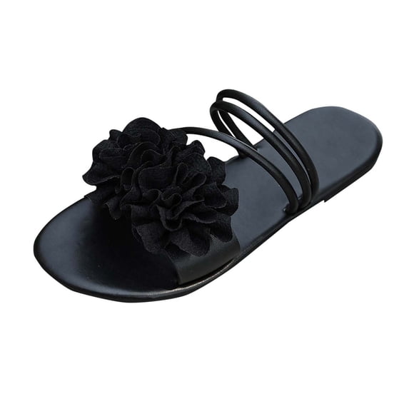 HomeDM Womens Sandals Open Toe Slip On Summer Comfortable Strappy Flats Slides Sandals Dressy Florals, Black Size 6.5