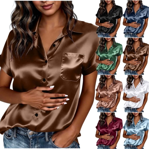 HomeDM Womens Satin Button Down Shirts Summer Short Sleeve Collared V Neck Casual Blouses Tops - Coffee/L