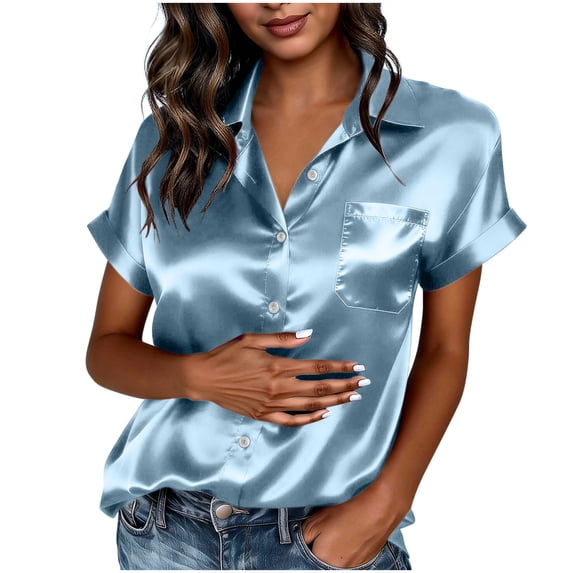 HomeDM Womens Satin Button Down Shirts Summer Short Sleeve Collared V Neck Casual Blouses Tops - Sky Blue/M