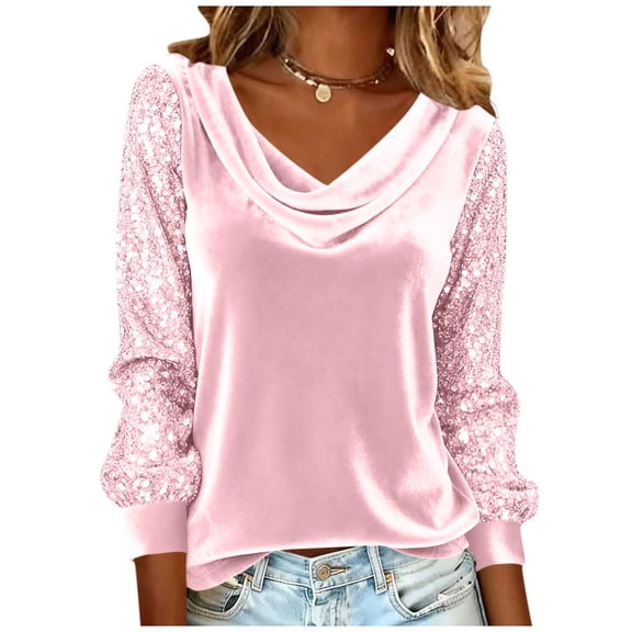HomeDM Womens Sequin Long Sleeve Tops, Cowl Neck Velvet Fall Winter Trendy Blouses - Pink/XL
