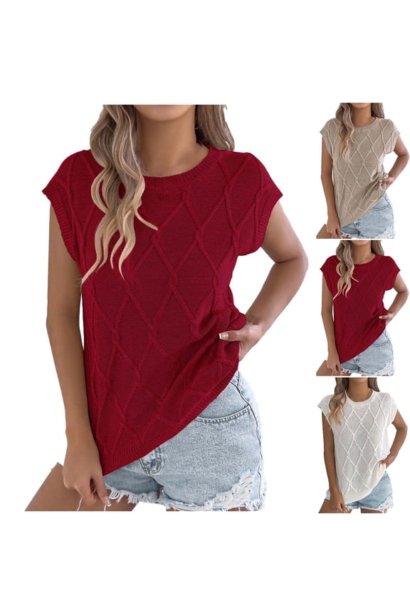 HomeDM Womens Short Sleeve Cable Knit Sweater Summer Tops Crew Neck Casual Loose Fit Dressy Blouses - Wine/L