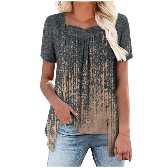 HomeDM Womens Short Sleeve Crewneck Tops Floral Pleated Front Summer Tee Shirts Casual Color Block Tshirts, S-2XL