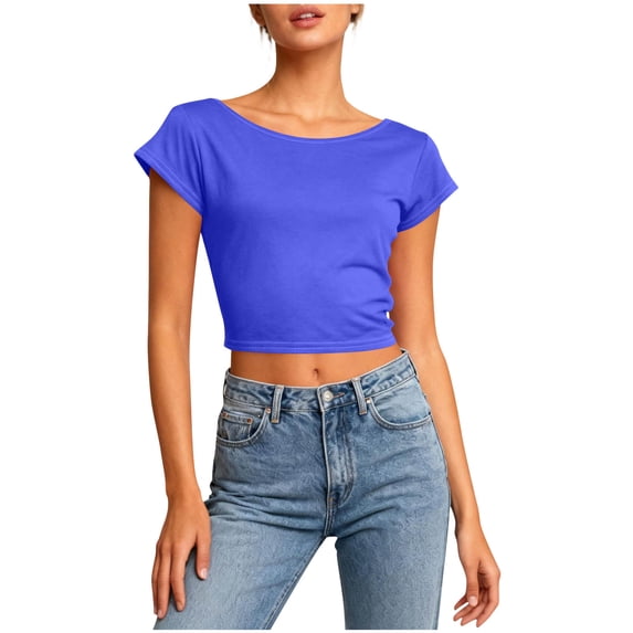HomeDM Womens Short Sleeve Open Back Workout Shirts, Boat Neck Cropped Tops Gym Running Yoga T Shirts - Blue/L