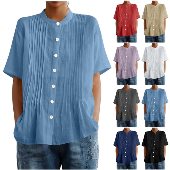 HomeDM Womens Short Sleeve Shirts, Button Down Crew Neck Trendy Pleated Loose Fit Tunic Tops - Light Blue/L