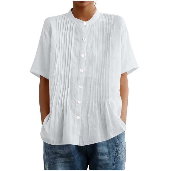 HomeDM Womens Short Sleeve Shirts, Button Down Crew Neck Trendy Pleated Loose Fit Tunic Tops - White/M