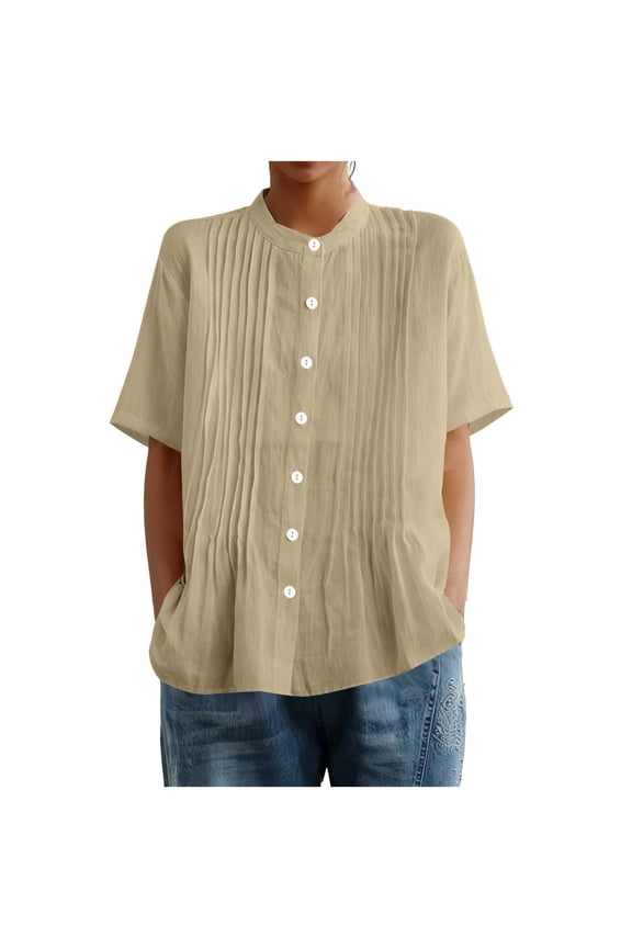 HomeDM Womens Short Sleeve Shirts, Button Down Crew Neck Trendy Pleated Loose Fit Tunic Tops - Yellow/S