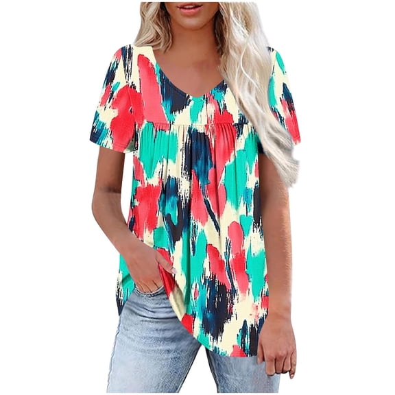 HomeDM Womens Short Sleeve Shirts Summer Floral Tunic Tops V Neck Loose Fit Flowy Work Shirts for Leggings S-2XL