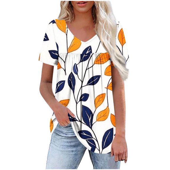 HomeDM Womens Short Sleeve Shirts Summer Floral Tunic Tops V Neck Loose Fit Flowy Work Shirts for Leggings S-2XL