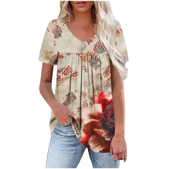 HomeDM Womens Short Sleeve Shirts Summer Floral Tunic Tops V Neck Loose Fit Flowy Work Shirts for Leggings S-2XL