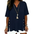 thumbnail image 1 of HomeDM Womens Short Sleeve Shirts V Neck Solid Color Buttons Hem Pullover Tops Summer Loose Fit Blouses - Navy/L, 1 of 6