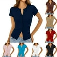 thumbnail image 1 of HomeDM Womens Short Sleeve Slim Fitted T Shirts, Button Down Crew Neck Ribbed Knit Cropped Cardigan Shirts - Dark Blue/L, 1 of 9