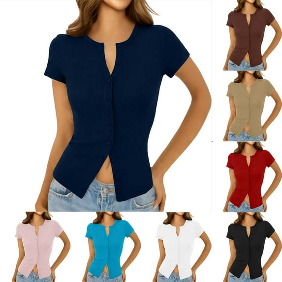 HomeDM Womens Short Sleeve Slim Fitted T Shirts, Button Down Crew Neck Ribbed Knit Cropped Cardigan Shirts - Dark Blue/L