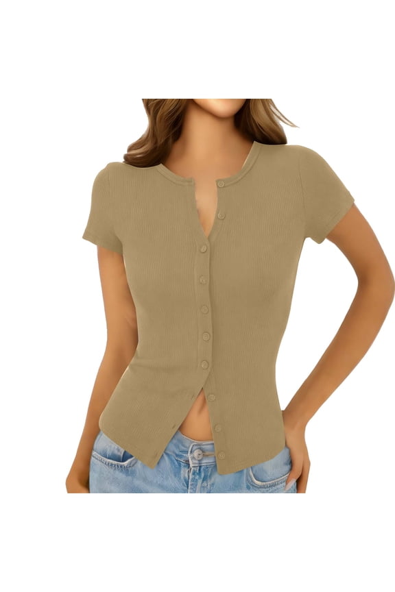 HomeDM Womens Short Sleeve Slim Fitted T Shirts, Button Down Crew Neck Ribbed Knit Cropped Cardigan Shirts - Khaki/L