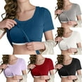 thumbnail image 1 of HomeDM Womens Short Sleeve T-Shirts Built-in Bra Crew Neck Solid Color Basic Tees Workout Crop Tops - Blue/L, 1 of 9