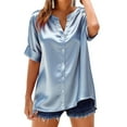 thumbnail image 1 of HomeDM Womens Short Sleeve T Shirts, Solid Color Silk Satin Button Down V Neck Summer Shirts - Light Blue/2XL, 1 of 5