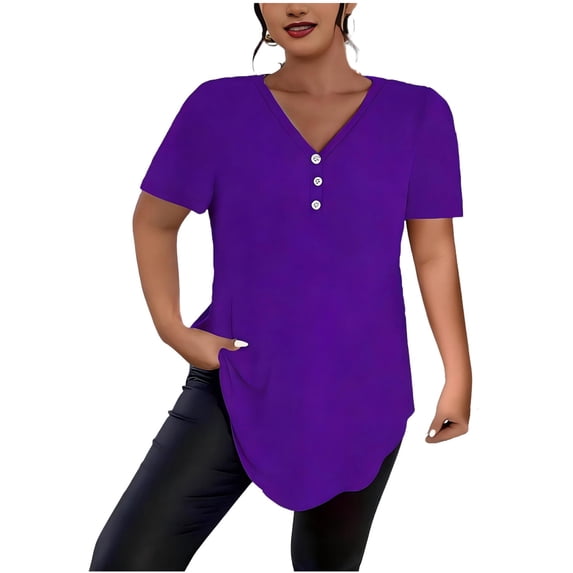 HomeDM Womens Short Sleeve Tops, Button Down Henley V Neck Dressy Summer Loose Fit Tee Shirts - Purple/XL