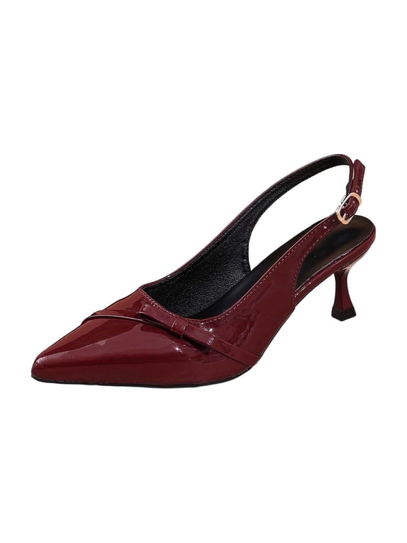 Womens Slingback Heels Bow Knot Low Kitten Heel Pumps Closed Pointy Toe Party Wedding Dress Shoes, Wine Size 9
