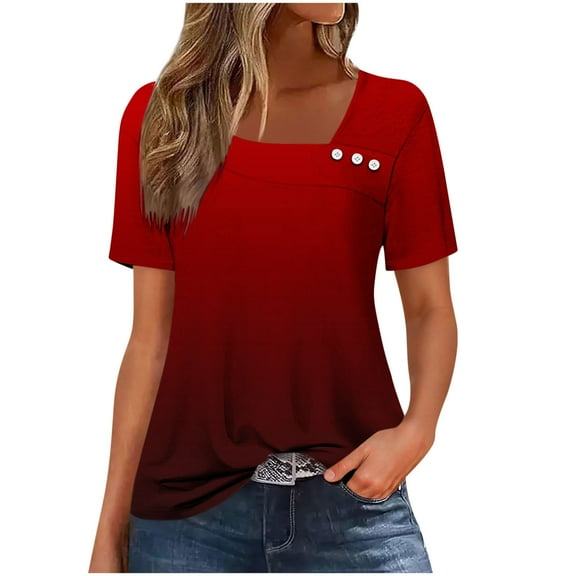 HomeDM Womens Square Neck Short Sleeve T Shirts Summer Going Out Tops Trendy Color Block Basics Tees S-2XL
