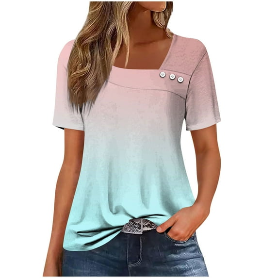 HomeDM Womens Square Neck Short Sleeve T Shirts Summer Going Out Tops Trendy Color Block Basics Tees S-2XL