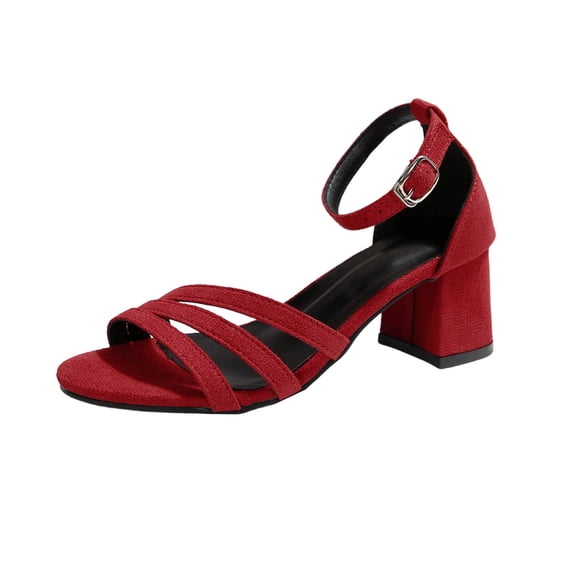 HomeDM Womens Strappy Chunky Block Heels Sandals Open Toe Ankle Buckle Summer Wedding Dress Party Slides Sandals, Red Size 5.5