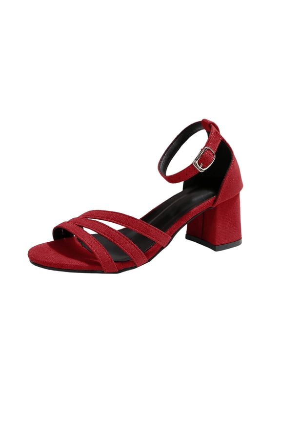 Womens Strappy Chunky Block Heels Sandals Open Toe Ankle Buckle Summer Wedding Dress Party Slides Sandals, Red Size 6