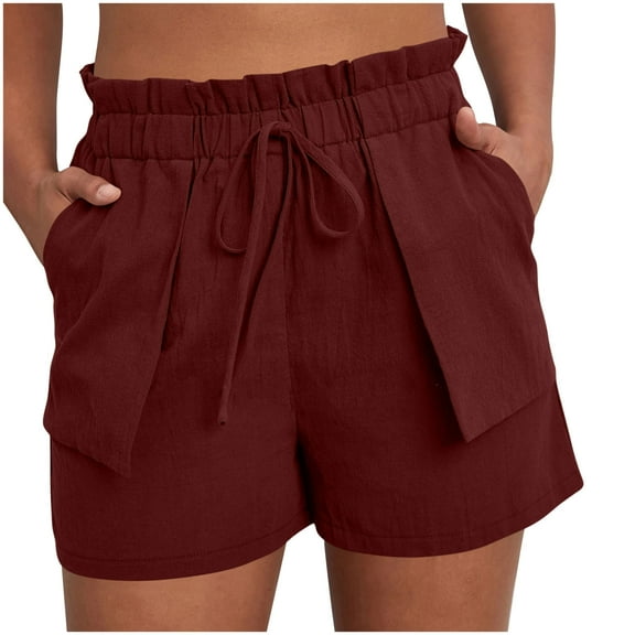 HomeDM Womens Summer Shorts Ruffle High Waisted Wide Leg Casual Beach Shorts with Pockets Beach Vacation Lounge Shorts - Wine/S