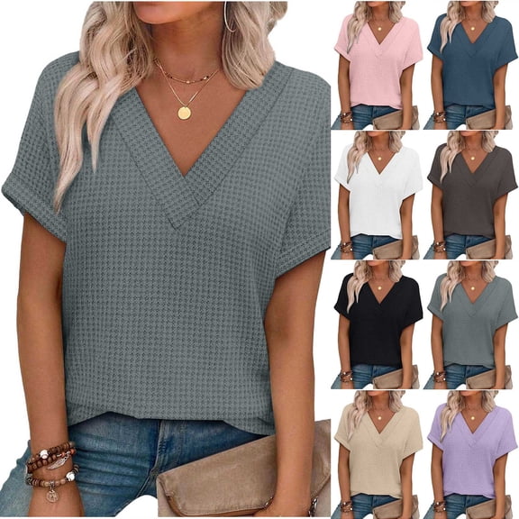 HomeDM Womens Summer T-Shirts Short Sleeve V Neck Waffle Texture Pullover Tops - Gray/L