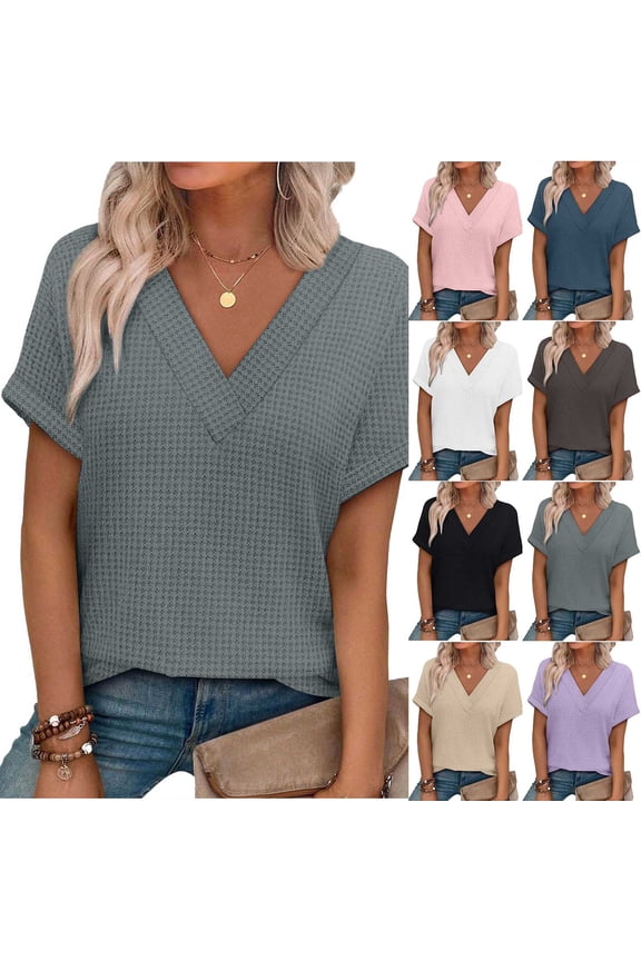 HomeDM Womens Summer T-Shirts Short Sleeve V Neck Waffle Texture Pullover Tops - Gray/L