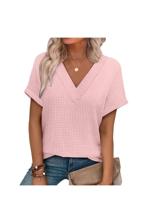 HomeDM Womens Summer T-Shirts Short Sleeve V Neck Waffle Texture Pullover Tops - Pink/L