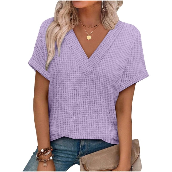 HomeDM Womens Summer T-Shirts Short Sleeve V Neck Waffle Texture Pullover Tops - Purple/L