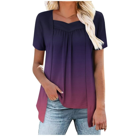 HomeDM Womens Summer Tops Short Sleeve Crewneck Tshirts Trendy Color Block Shirts Casual Comfy Tee S-2XL