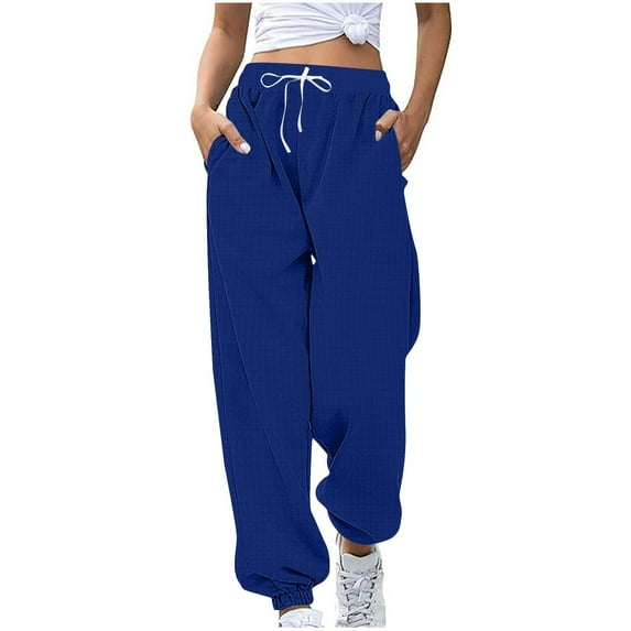 HomeDM Womens Sweatpants - Solid Color Lounge Joggers for Women Drawstring Sweat Pants Casual Elastic Waist Workout Trousers - Blue/L