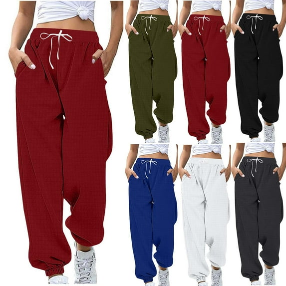 HomeDM Womens Sweatpants - Solid Color Lounge Joggers for Women Drawstring Sweat Pants Casual Elastic Waist Workout Trousers - Red/L