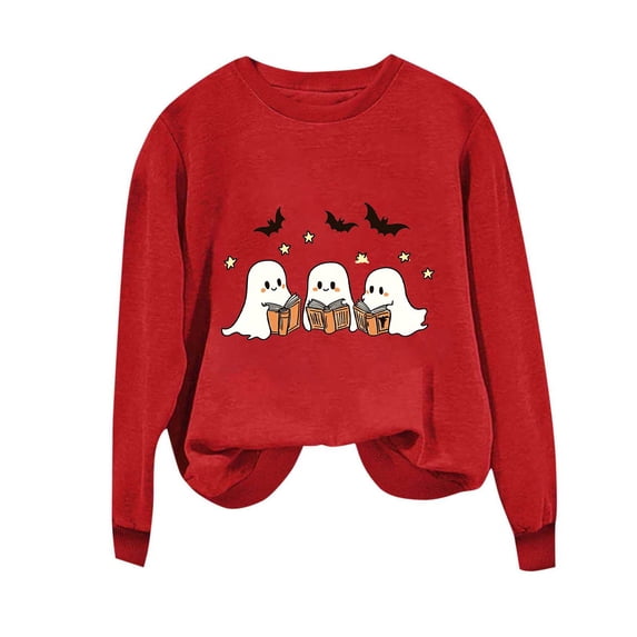 HomeDM Womens Sweatshirts Crewneck Halloween Graphic Pullover Tops Casual Long Sleeve Loose Fit Shirts - Red/S