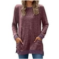 thumbnail image 1 of HomeDM Womens Sweatshirts Crewneck Pullovers Tops Color Block Long Sleeve Side Split Fall Shirts Pockets - Wine/L, 1 of 6
