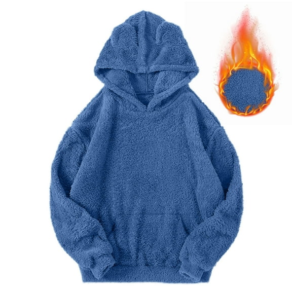 HomeDM Womens Sweatshirts Fuzzy Fleece Hoodie Pullover Tops Solid Color Sweatshirts Loose Cozy Pocket Long Sleeve Fall Winter Hooded Outwear - Blue/L